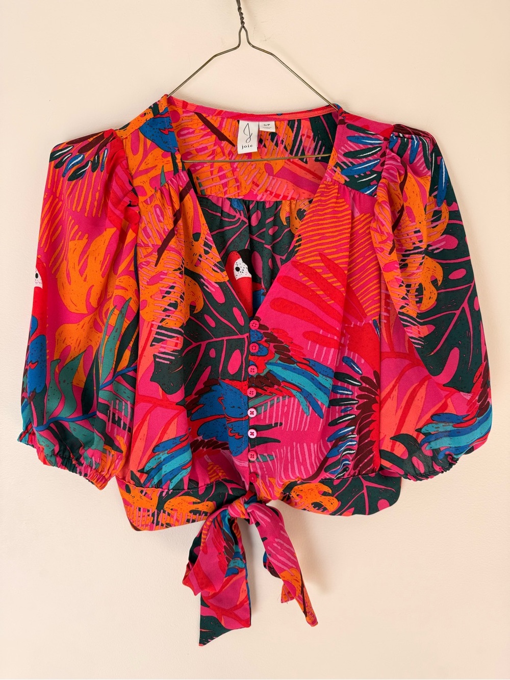 Joie Tie-Front Tropical Print cropped top